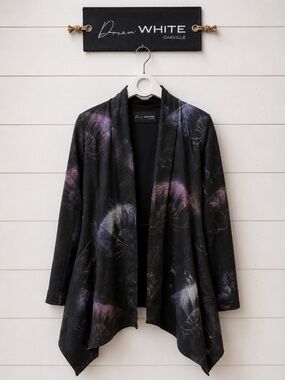 DONNA WHITE Black Floral Open Front Cardigan Size S